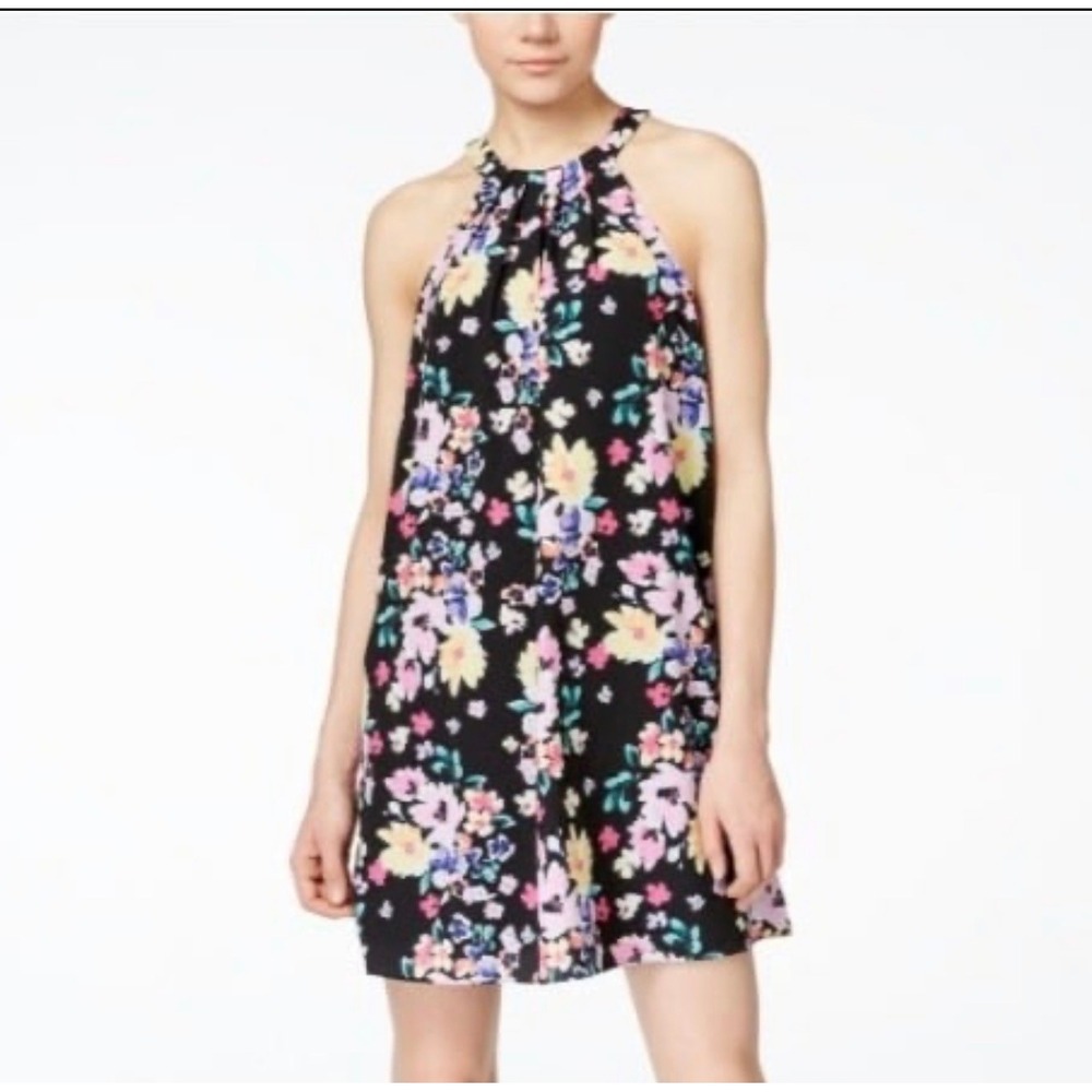 CeCe Black Floral Halter Neck Shift Dress Sleeveless Gold Button Back Size 4